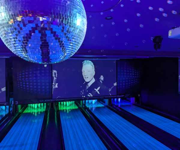 Bowling lanes set up for a party at Spinners